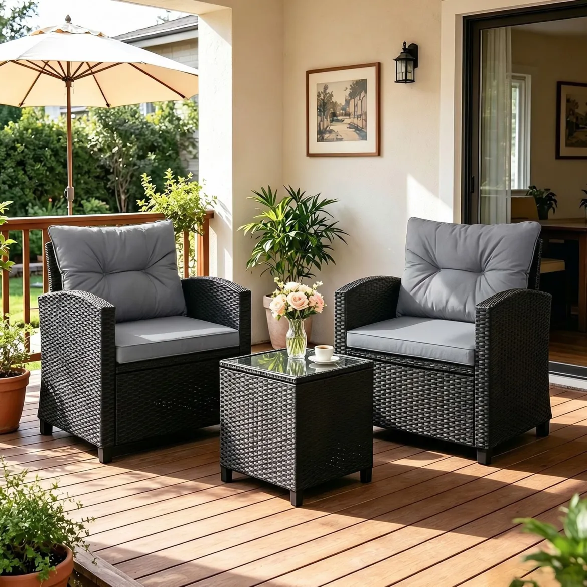 3 TLG. Rattan Gartenmöbel Set inkl. 2 Sessel & 1 Beistelltisch Sitzgarnitur mit Kissen Sitzgruppe