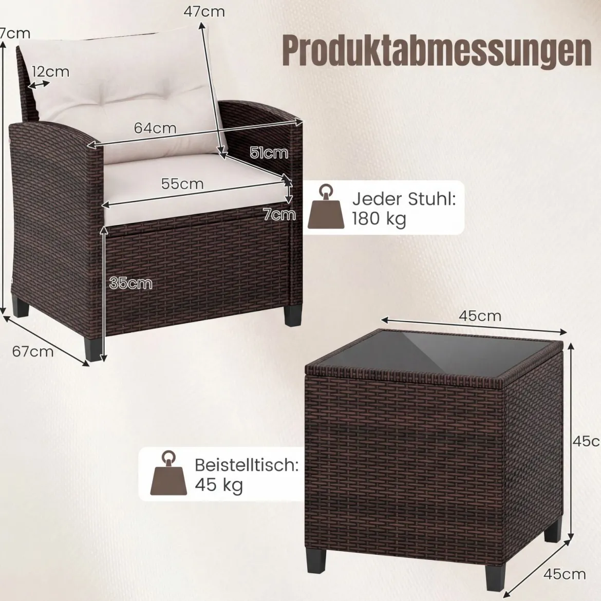 3-TLG. Rattan Gartenmöbel Set inkl. 2 Sessel & 1 Beistelltisch Polyrattan Sitzgruppe Gartengarnitur