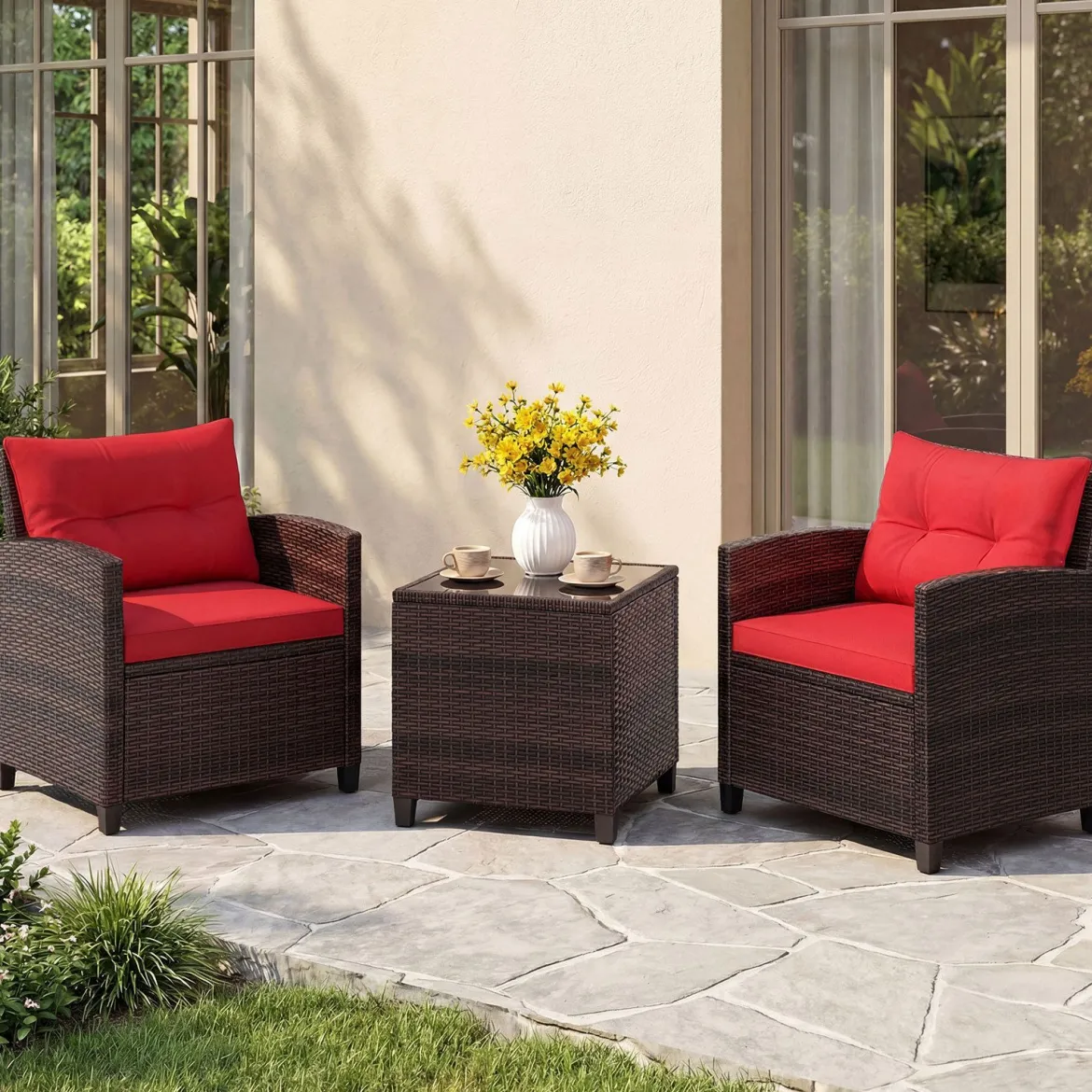 3-TLG. Rattan Gartenmöbel Set inkl. 2 Sessel & 1 Beistelltisch Polyrattan Sitzgruppe Gartengarnitur