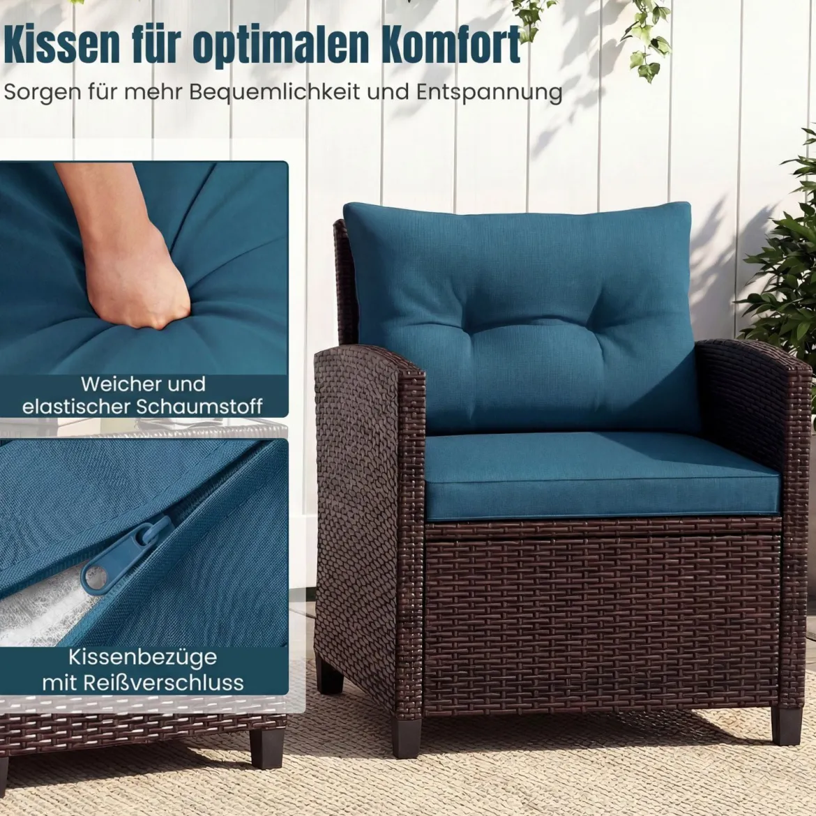 3-TLG. Rattan Gartenmöbel Set inkl. 2 Sessel & 1 Beistelltisch Polyrattan Sitzgruppe Gartengarnitur
