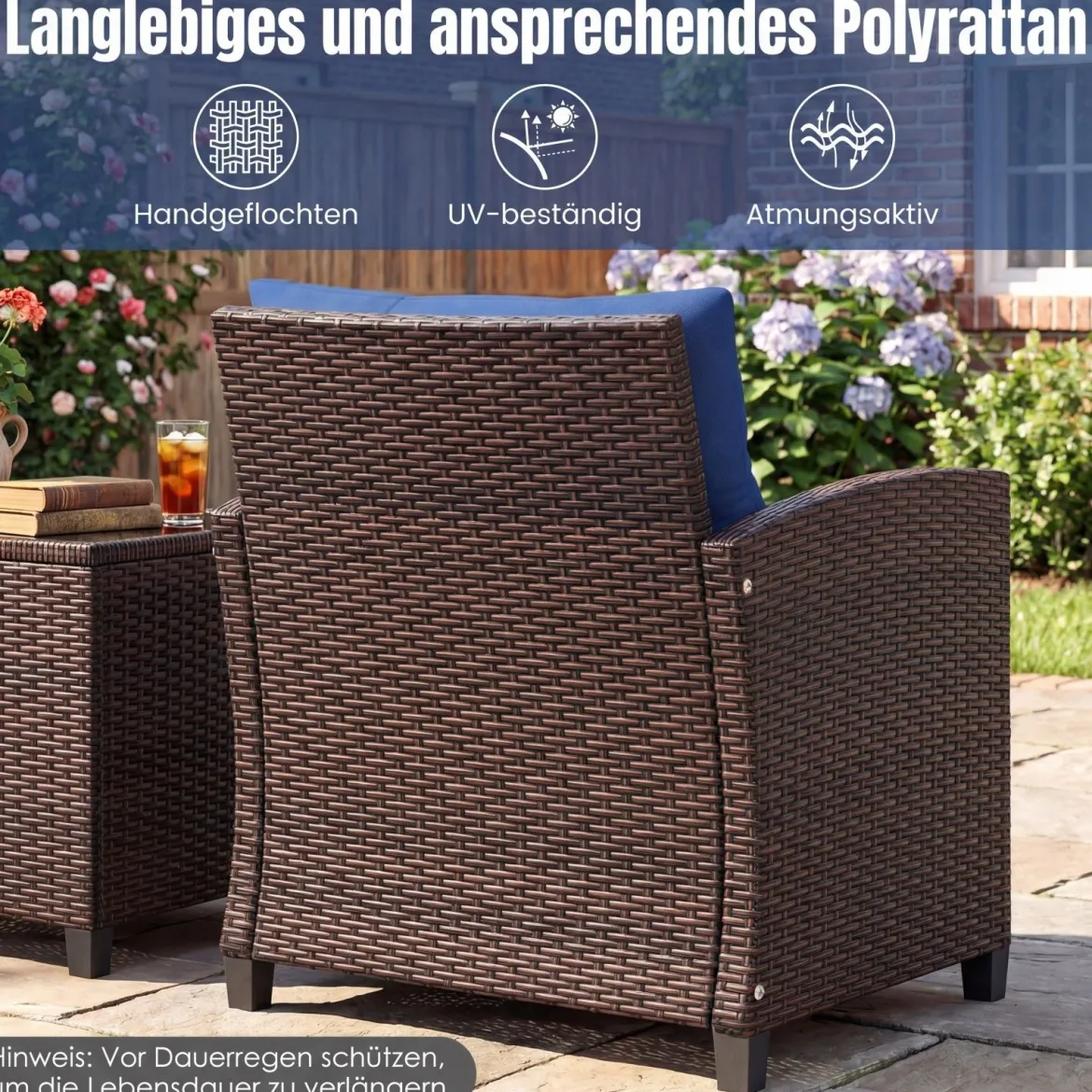 3-TLG. Rattan Gartenmöbel Set inkl. 2 Sessel & 1 Beistelltisch Polyrattan Sitzgruppe Gartengarnitur