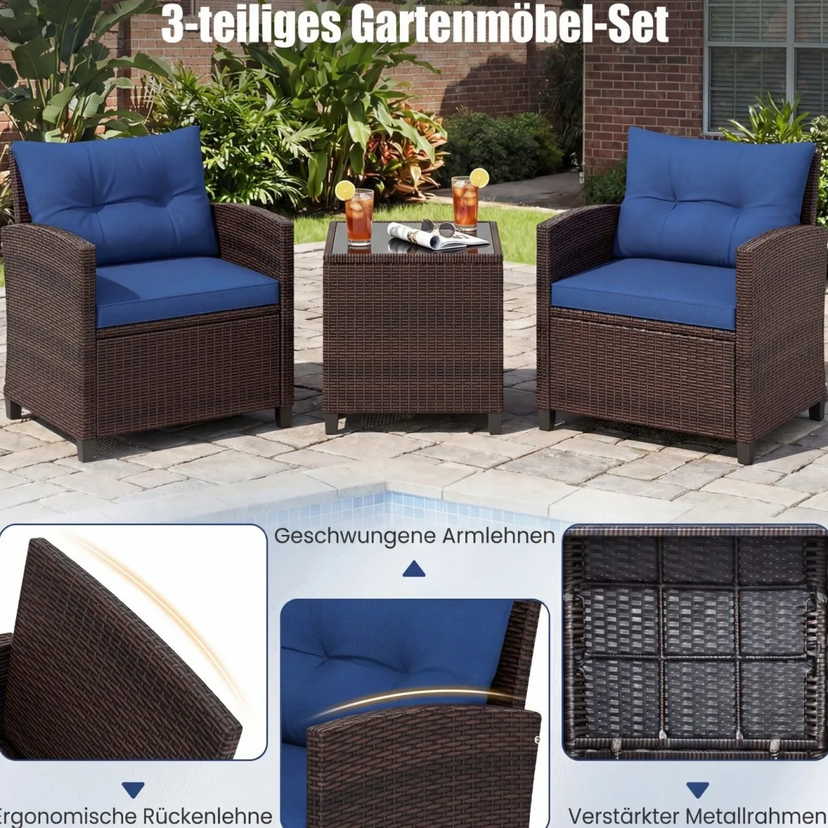 3-TLG. Rattan Gartenmöbel Set inkl. 2 Sessel & 1 Beistelltisch Polyrattan Sitzgruppe Gartengarnitur