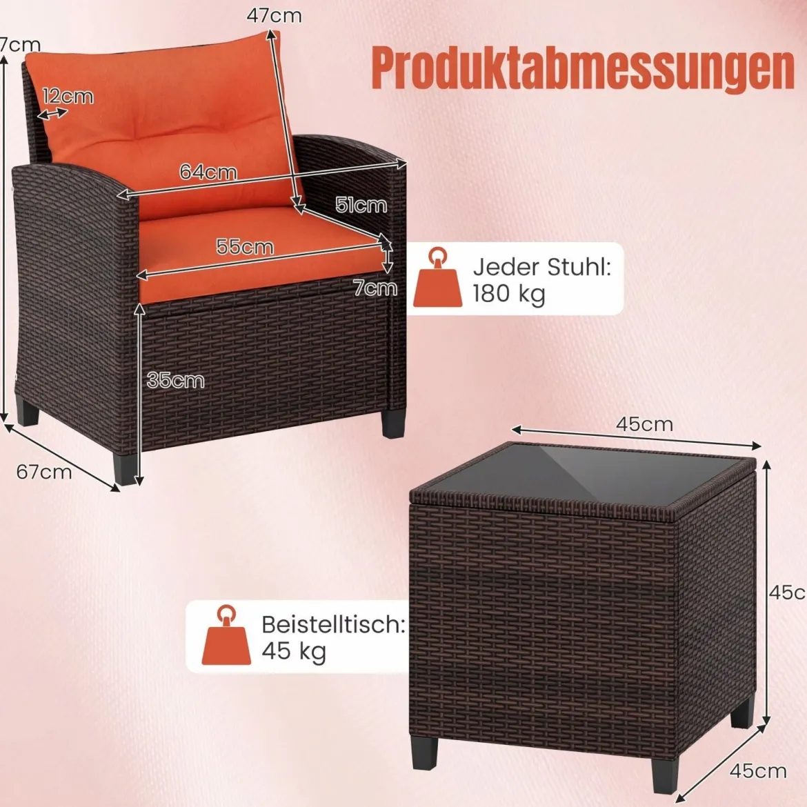 3-TLG. Rattan Gartenmöbel Set inkl. 2 Sessel & 1 Beistelltisch Polyrattan Sitzgruppe Gartengarnitur