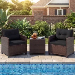 3-TLG. Rattan Gartenmöbel Set inkl. 2 Sessel & 1 Beistelltisch Polyrattan Sitzgruppe Gartengarnitur