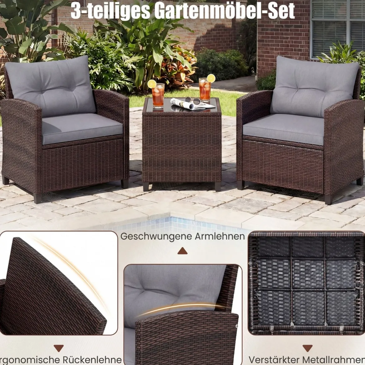 3-TLG. Rattan Gartenmöbel Set inkl. 2 Sessel & 1 Beistelltisch Polyrattan Sitzgruppe Gartengarnitur