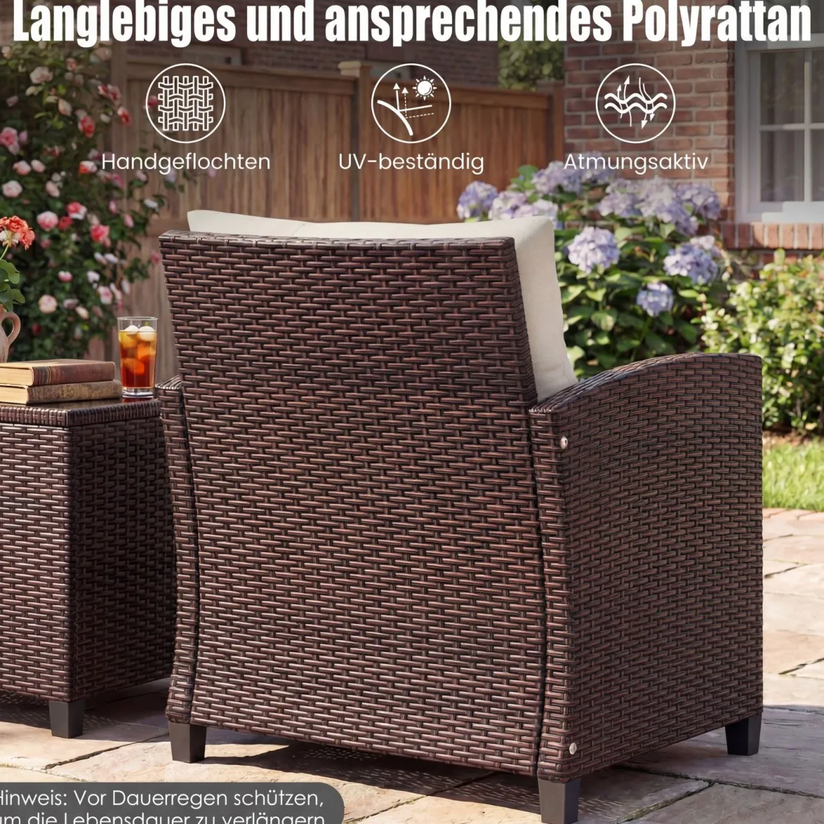 3-TLG. Rattan Gartenmöbel Set inkl. 2 Sessel & 1 Beistelltisch Polyrattan Sitzgruppe Gartengarnitur