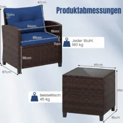 3-TLG. Rattan Gartenmöbel Set inkl. 2 Sessel & 1 Beistelltisch Polyrattan Sitzgruppe Gartengarnitur