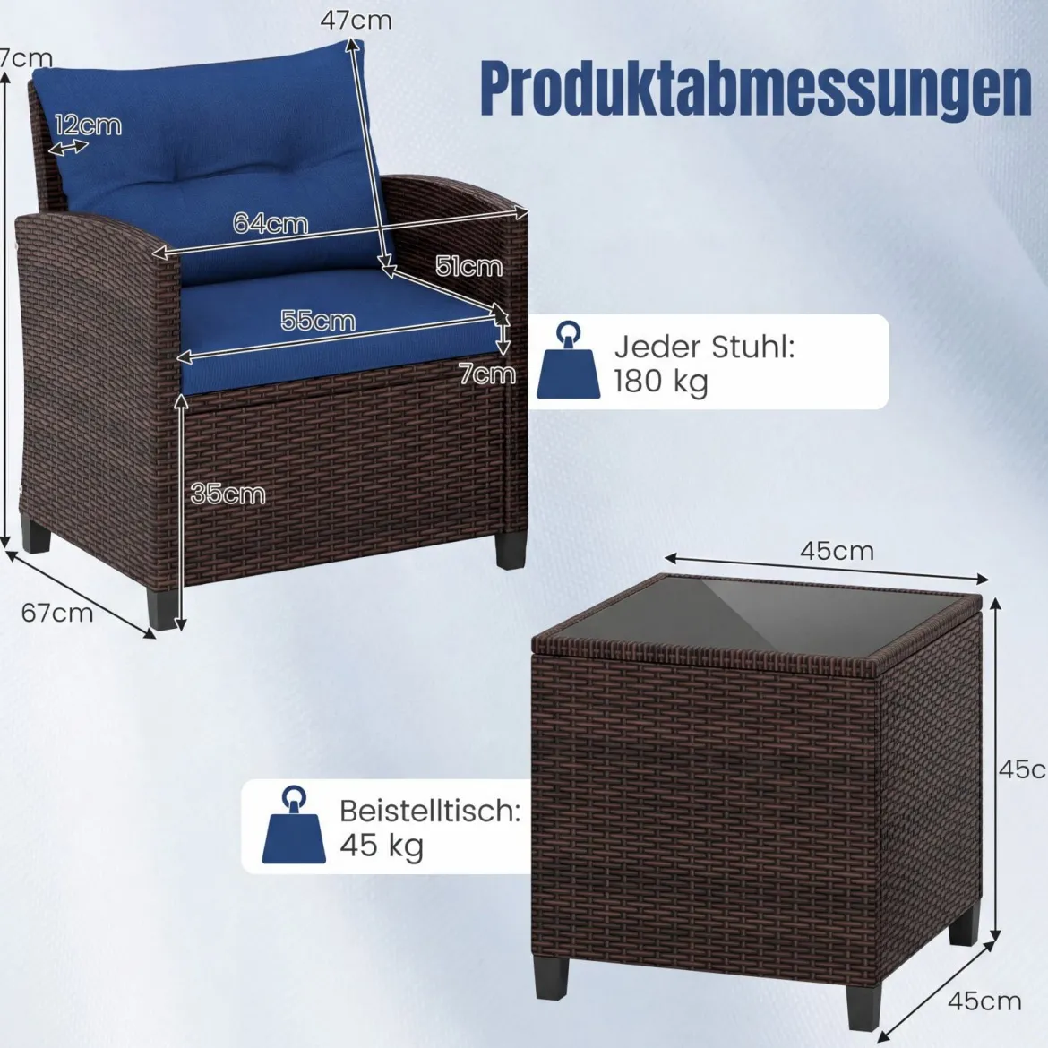 3-TLG. Rattan Gartenmöbel Set inkl. 2 Sessel & 1 Beistelltisch Polyrattan Sitzgruppe Gartengarnitur