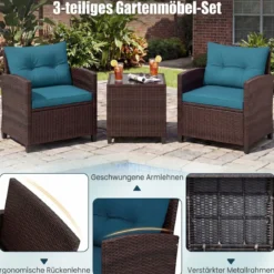 3-TLG. Rattan Gartenmöbel Set inkl. 2 Sessel & 1 Beistelltisch Polyrattan Sitzgruppe Gartengarnitur