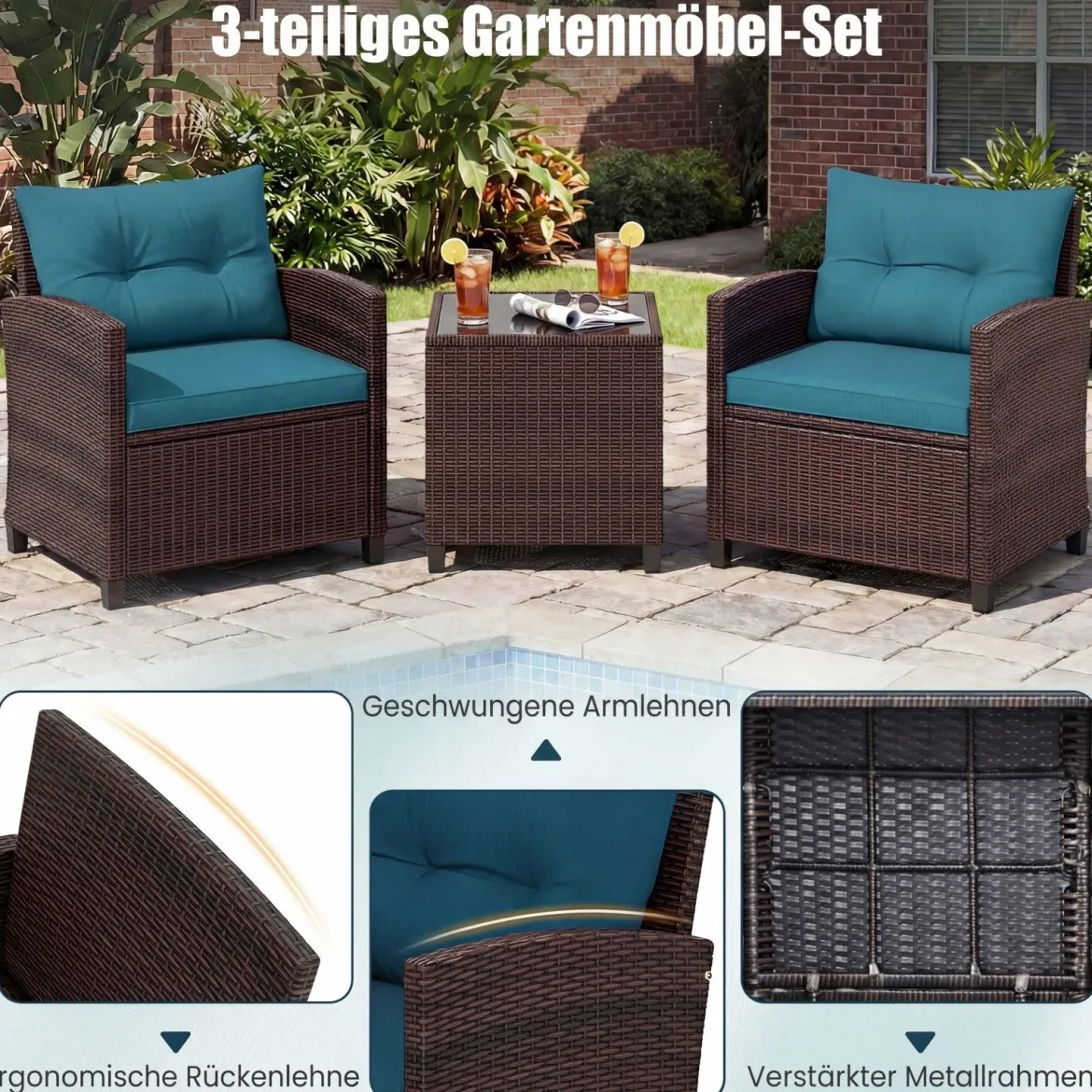 3-TLG. Rattan Gartenmöbel Set inkl. 2 Sessel & 1 Beistelltisch Polyrattan Sitzgruppe Gartengarnitur