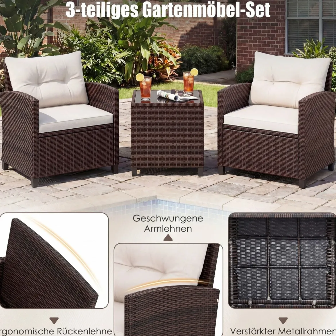 3-TLG. Rattan Gartenmöbel Set inkl. 2 Sessel & 1 Beistelltisch Polyrattan Sitzgruppe Gartengarnitur