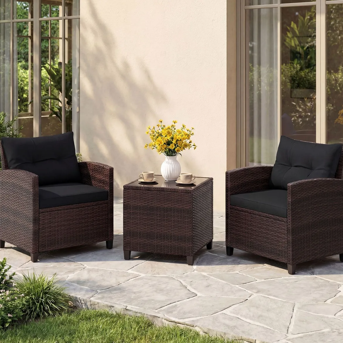 3-TLG. Rattan Gartenmöbel Set inkl. 2 Sessel & 1 Beistelltisch Polyrattan Sitzgruppe Gartengarnitur
