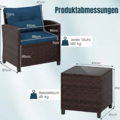 3-TLG. Rattan Gartenmöbel Set inkl. 2 Sessel & 1 Beistelltisch Polyrattan Sitzgruppe Gartengarnitur