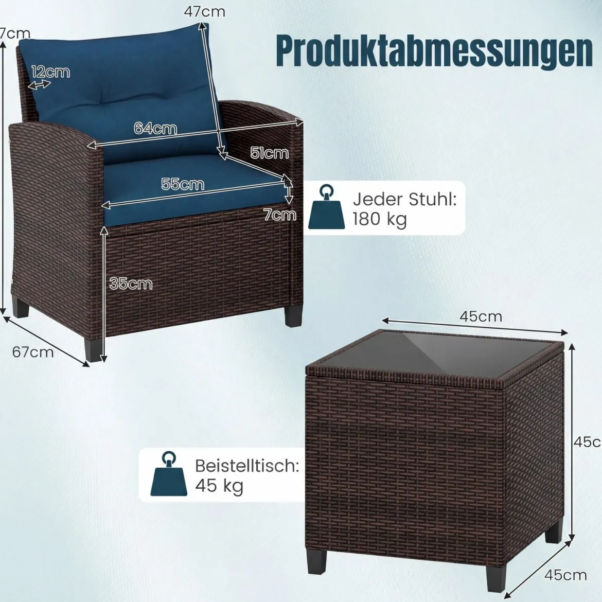 3-TLG. Rattan Gartenmöbel Set inkl. 2 Sessel & 1 Beistelltisch Polyrattan Sitzgruppe Gartengarnitur
