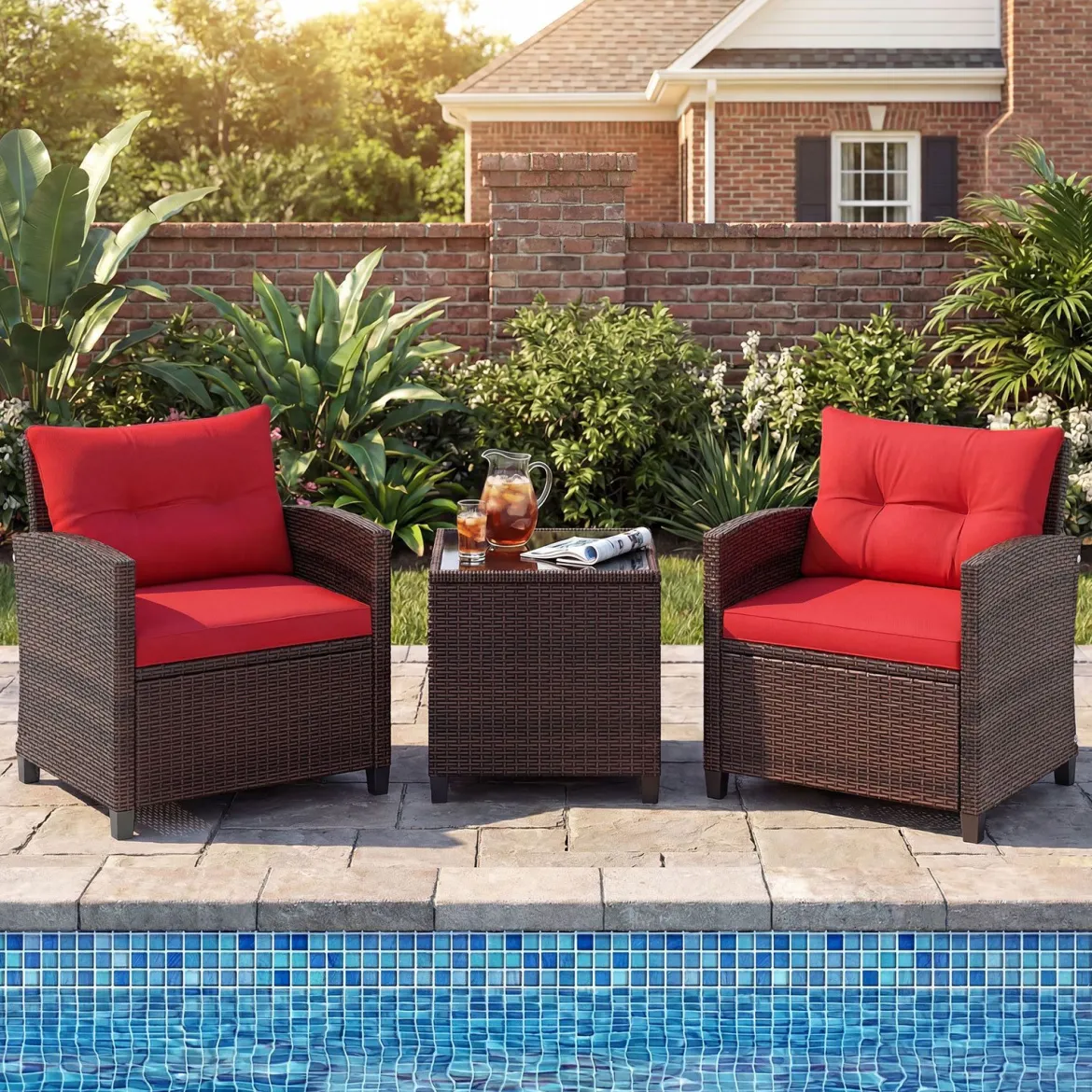 3-TLG. Rattan Gartenmöbel Set inkl. 2 Sessel & 1 Beistelltisch Polyrattan Sitzgruppe Gartengarnitur