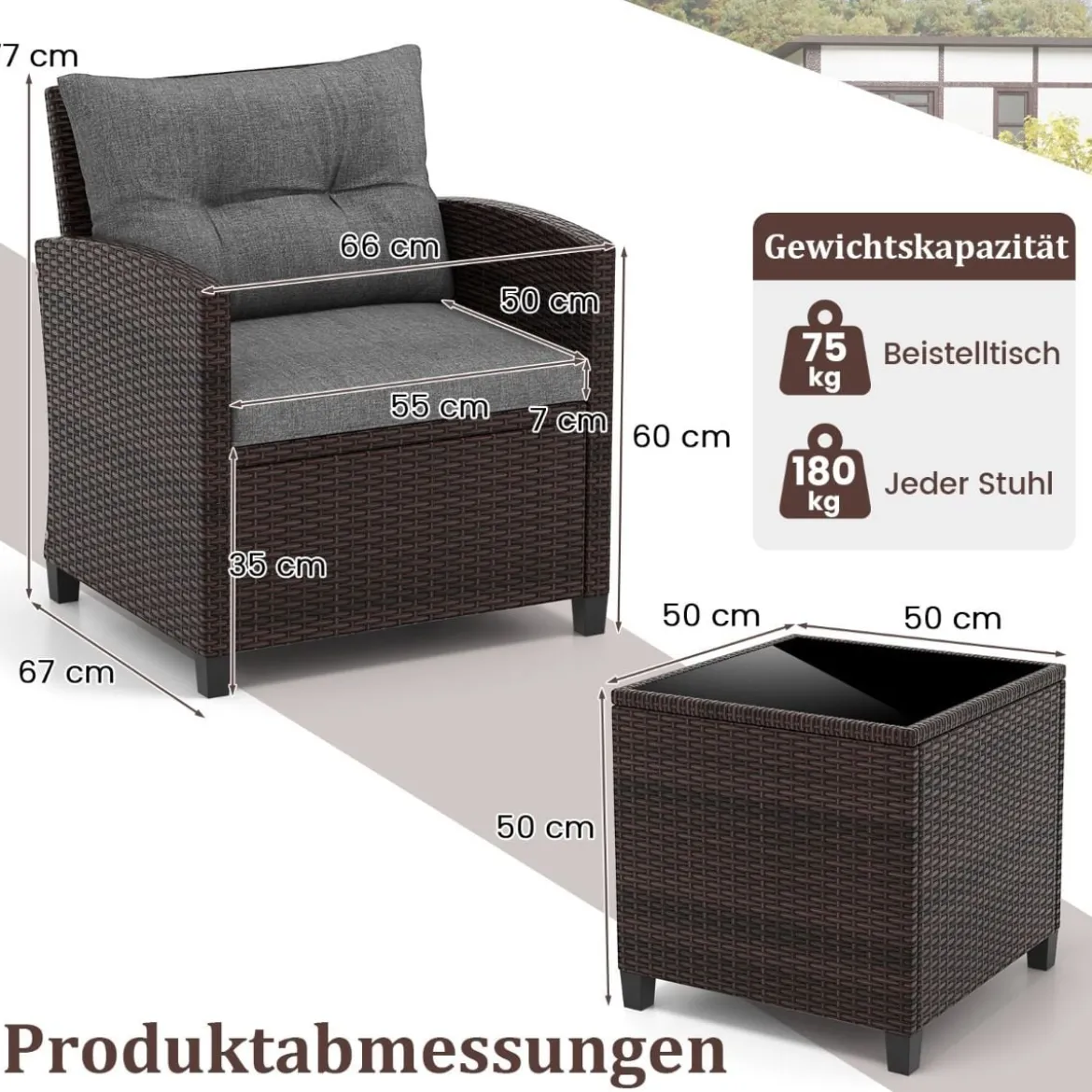 3-TLG. Rattan Gartenmöbel Set inkl. 2 Sessel & 1 Beistelltisch Polyrattan Sitzgruppe Gartengarnitur