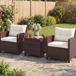 3-TLG. Rattan Gartenmöbel Set inkl. 2 Sessel & 1 Beistelltisch Polyrattan Sitzgruppe Gartengarnitur
