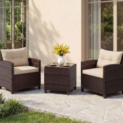 3-TLG. Rattan Gartenmöbel Set inkl. 2 Sessel & 1 Beistelltisch Polyrattan Sitzgruppe Gartengarnitur
