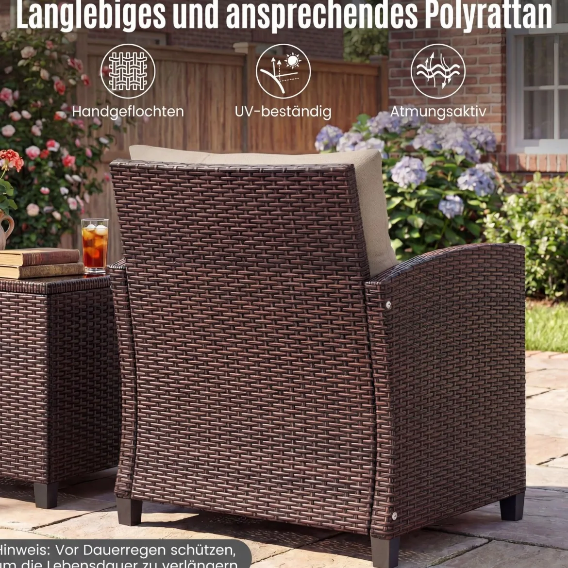 3-TLG. Rattan Gartenmöbel Set inkl. 2 Sessel & 1 Beistelltisch Polyrattan Sitzgruppe Gartengarnitur