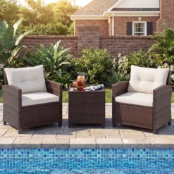 3-TLG. Rattan Gartenmöbel Set inkl. 2 Sessel & 1 Beistelltisch Polyrattan Sitzgruppe Gartengarnitur