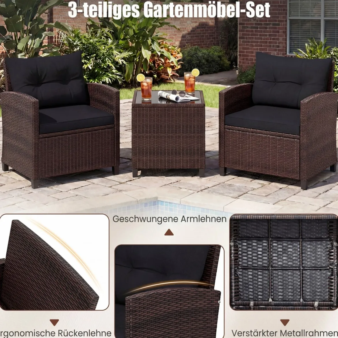 3-TLG. Rattan Gartenmöbel Set inkl. 2 Sessel & 1 Beistelltisch Polyrattan Sitzgruppe Gartengarnitur