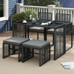 5tlg. Rattan Gartenmöbel Set inkl. 2 Stühle mit Kissen & Hocker & Tisch Platzsparendes Gartenset