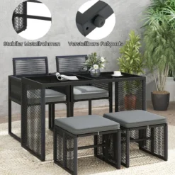 5tlg. Rattan Gartenmöbel Set inkl. 2 Stühle mit Kissen & Hocker & Tisch Platzsparendes Gartenset