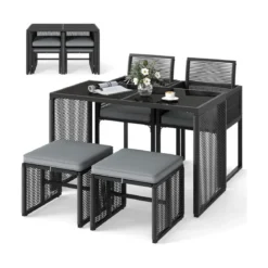 5tlg. Rattan Gartenmöbel Set inkl. 2 Stühle mit Kissen & Hocker & Tisch Platzsparendes Gartenset