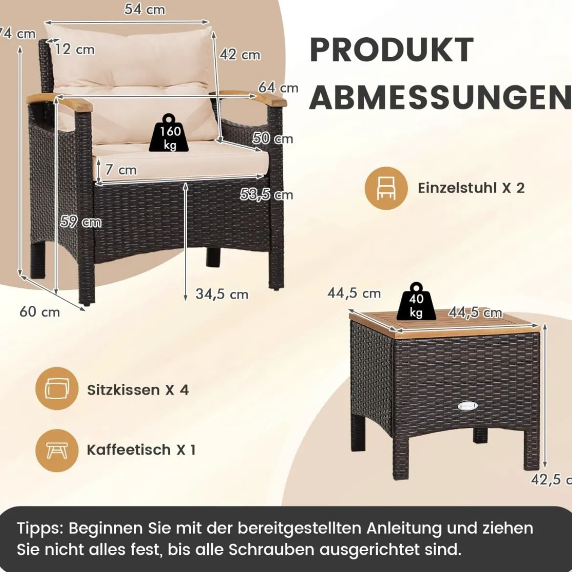 3tlg. Rattan Gartenmöbel Set mit 2 Sessel & 1 Beistelltisch Rattanmöbel Gartenset Gartenlounge