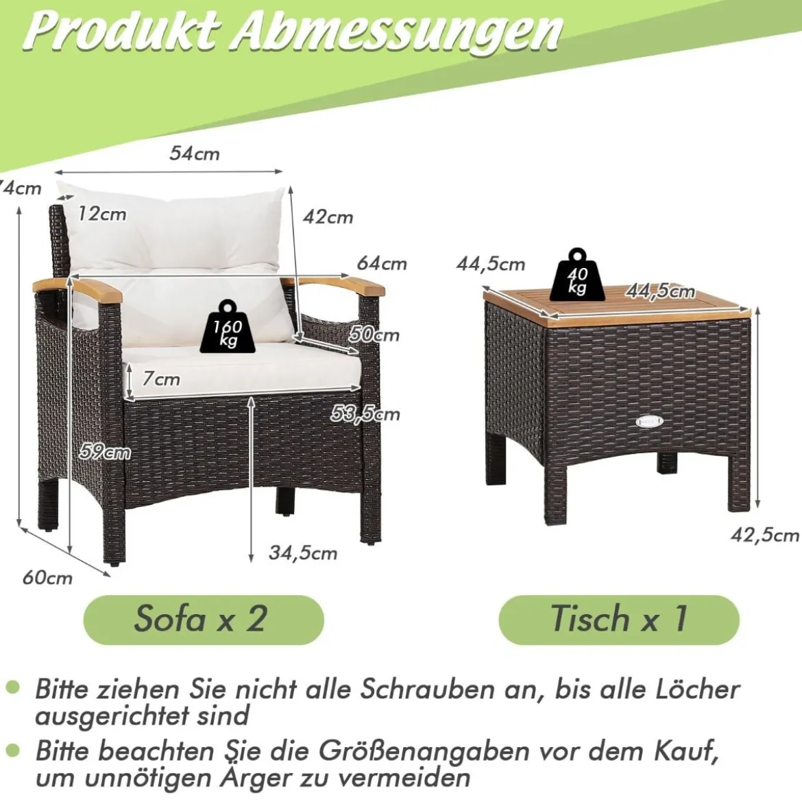 3tlg. Rattan Gartenmöbel Set mit 2 Sessel & 1 Beistelltisch Rattanmöbel Gartenset Gartenlounge