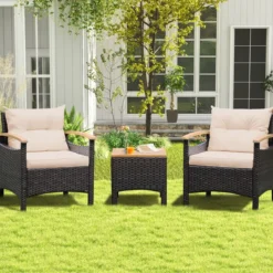 3tlg. Rattan Gartenmöbel Set mit 2 Sessel & 1 Beistelltisch Rattanmöbel Gartenset Gartenlounge