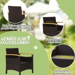 3tlg. Rattan Gartenmöbel Set mit 2 Sessel & 1 Beistelltisch Rattanmöbel Gartenset Gartenlounge