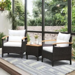 3tlg. Rattan Gartenmöbel Set mit 2 Sessel & 1 Beistelltisch Rattanmöbel Gartenset Gartenlounge