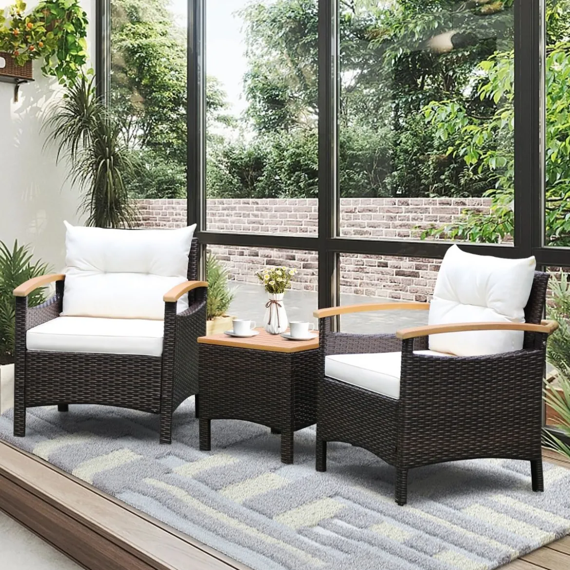 3tlg. Rattan Gartenmöbel Set mit 2 Sessel & 1 Beistelltisch Rattanmöbel Gartenset Gartenlounge