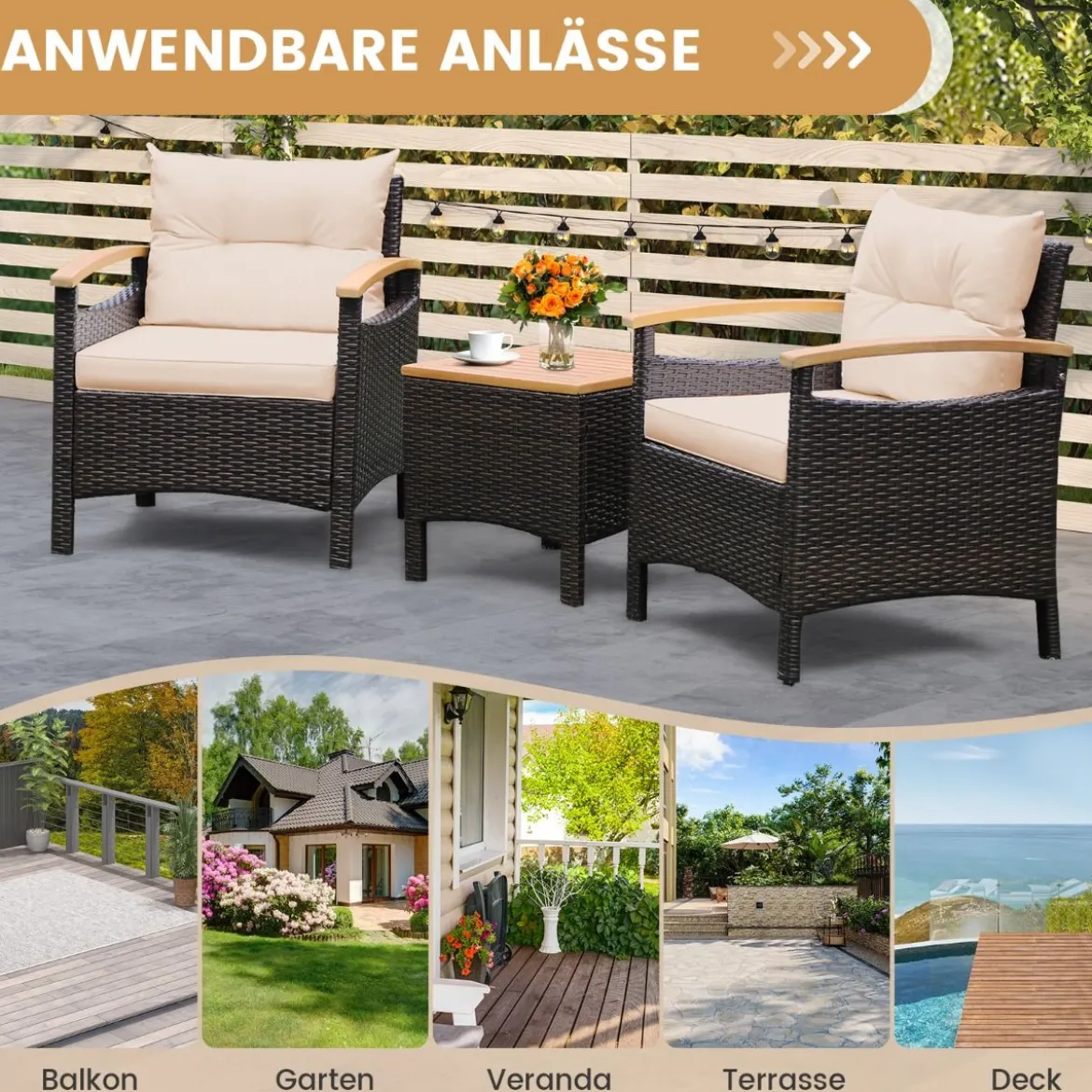 3tlg. Rattan Gartenmöbel Set mit 2 Sessel & 1 Beistelltisch Rattanmöbel Gartenset Gartenlounge