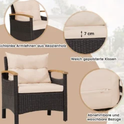 3tlg. Rattan Gartenmöbel Set mit 2 Sessel & 1 Beistelltisch Rattanmöbel Gartenset Gartenlounge