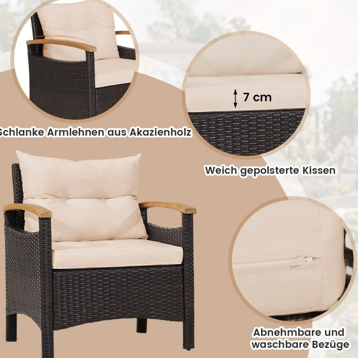 3tlg. Rattan Gartenmöbel Set mit 2 Sessel & 1 Beistelltisch Rattanmöbel Gartenset Gartenlounge