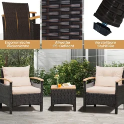 3tlg. Rattan Gartenmöbel Set mit 2 Sessel & 1 Beistelltisch Rattanmöbel Gartenset Gartenlounge