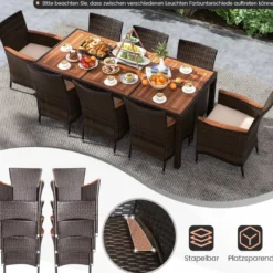 9 TLG. Rattan Gartenmöbel Set Outdoor Sitzgruppe 8 Stühle mit Gartentisch Braun/Schwarz/Grau