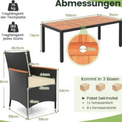 9 TLG. Rattan Gartenmöbel Set Outdoor Sitzgruppe 8 Stühle mit Gartentisch Braun/Schwarz/Grau