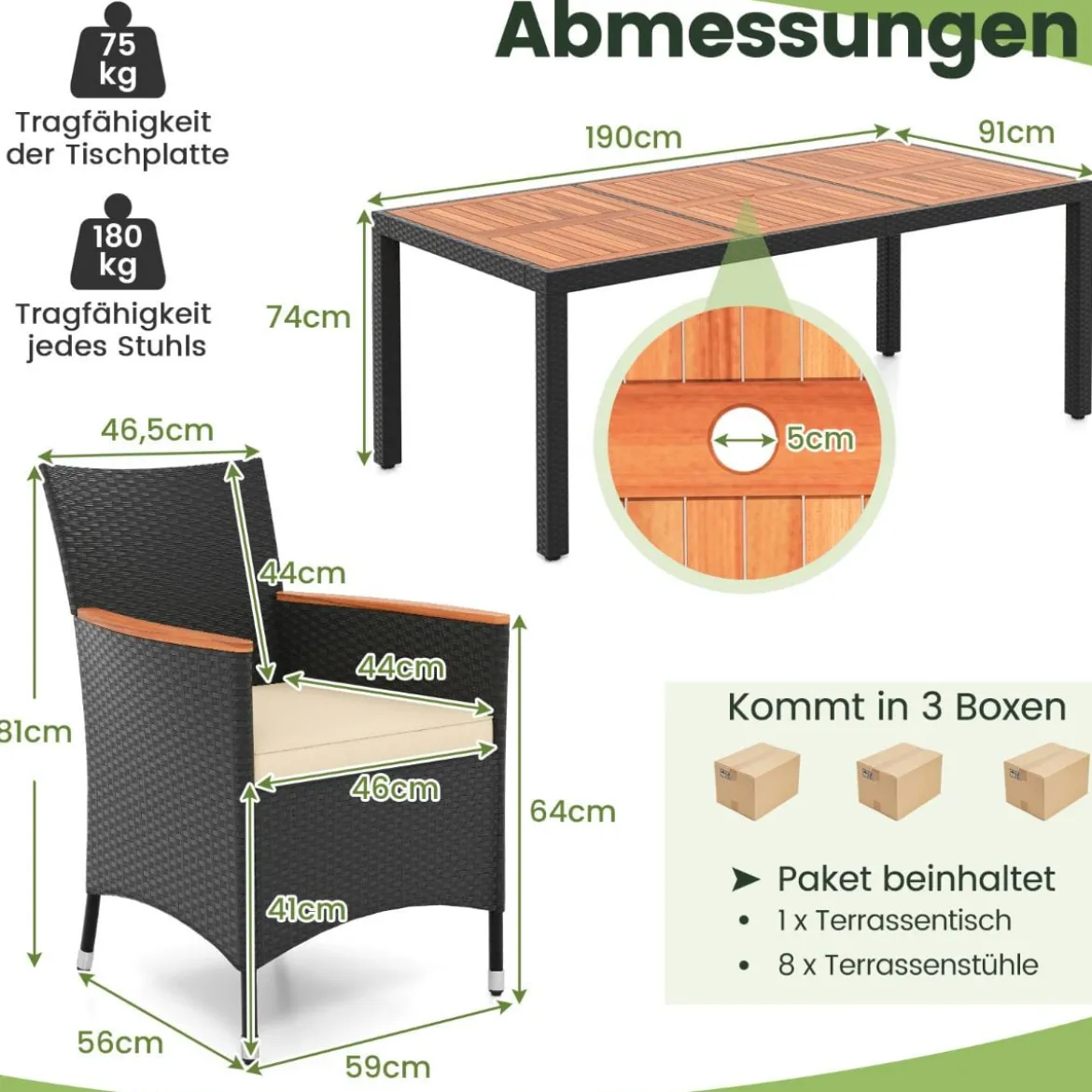 9 TLG. Rattan Gartenmöbel Set Outdoor Sitzgruppe 8 Stühle mit Gartentisch Braun/Schwarz/Grau