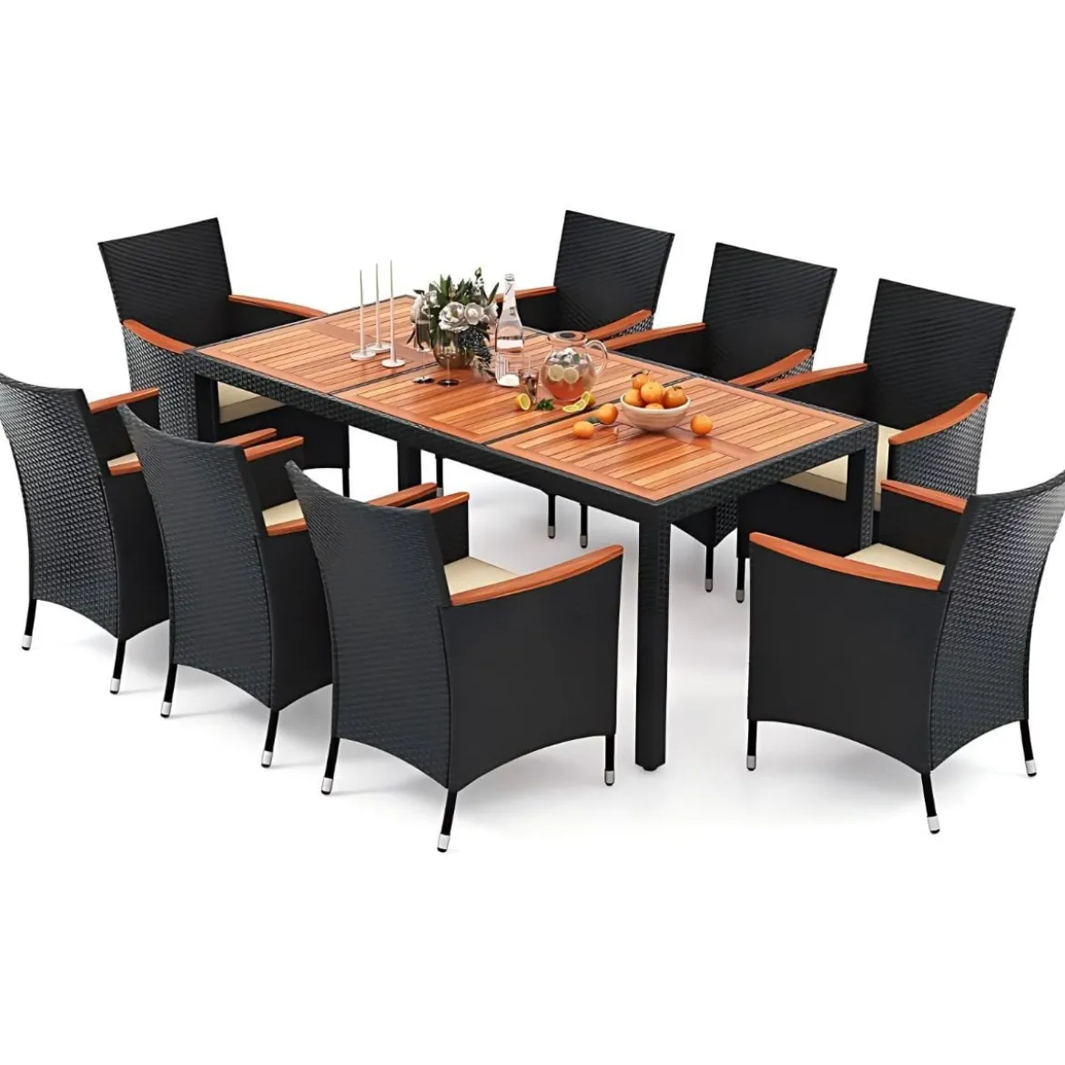 9 TLG. Rattan Gartenmöbel Set Outdoor Sitzgruppe 8 Stühle mit Gartentisch Braun/Schwarz/Grau