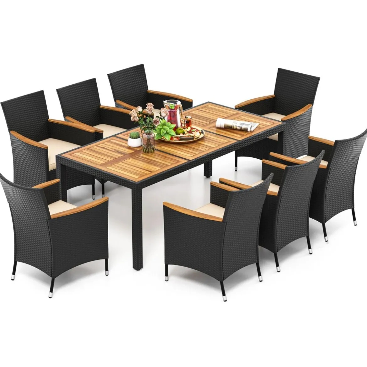 9 TLG. Rattan Gartenmöbel Set Outdoor Sitzgruppe 8 Stühle mit Gartentisch Braun/Schwarz/Grau