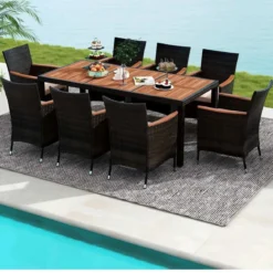 9 TLG. Rattan Gartenmöbel Set Outdoor Sitzgruppe 8 Stühle mit Gartentisch Braun/Schwarz/Grau