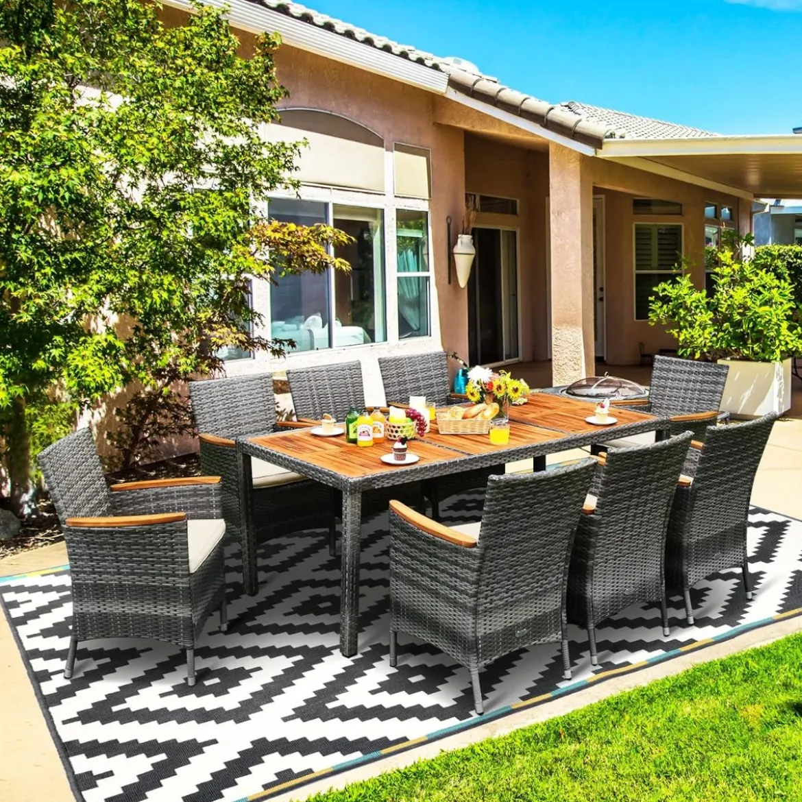 9 TLG. Rattan Gartenmöbel Set Outdoor Sitzgruppe 8 Stühle mit Gartentisch Braun/Schwarz/Grau