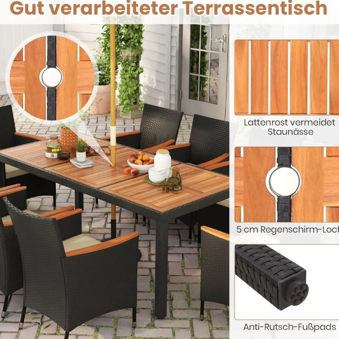 9 TLG. Rattan Gartenmöbel Set Outdoor Sitzgruppe 8 Stühle mit Gartentisch Braun/Schwarz/Grau
