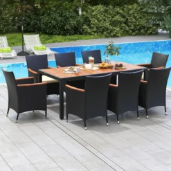 9 TLG. Rattan Gartenmöbel Set Outdoor Sitzgruppe 8 Stühle mit Gartentisch Braun/Schwarz/Grau