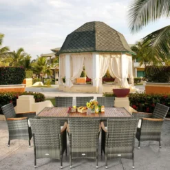9 TLG. Rattan Gartenmöbel Set Outdoor Sitzgruppe 8 Stühle mit Gartentisch Braun/Schwarz/Grau