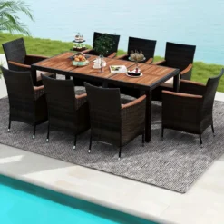 9 TLG. Rattan Gartenmöbel Set Outdoor Sitzgruppe 8 Stühle mit Gartentisch Braun/Schwarz/Grau