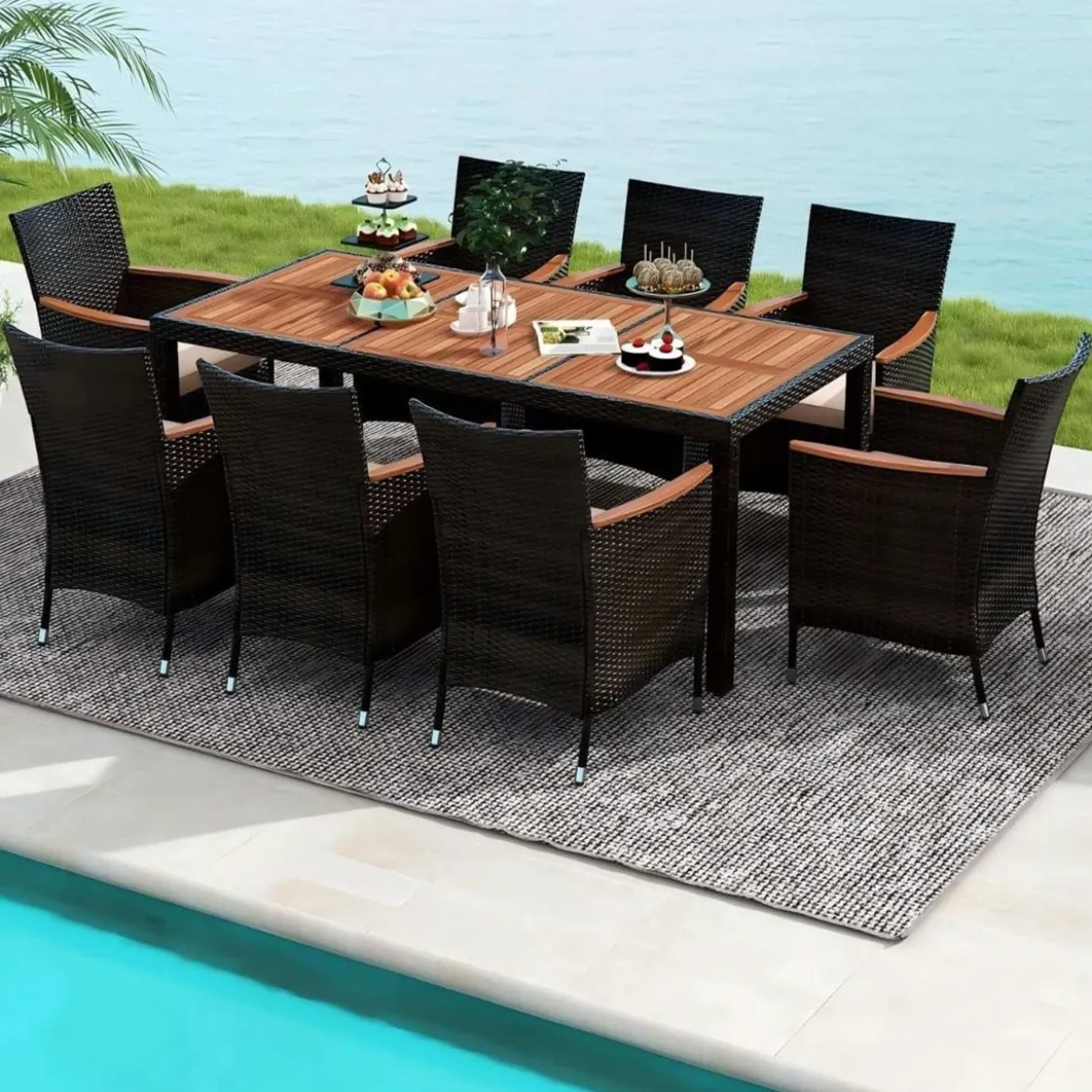 9 TLG. Rattan Gartenmöbel Set Outdoor Sitzgruppe 8 Stühle mit Gartentisch Braun/Schwarz/Grau